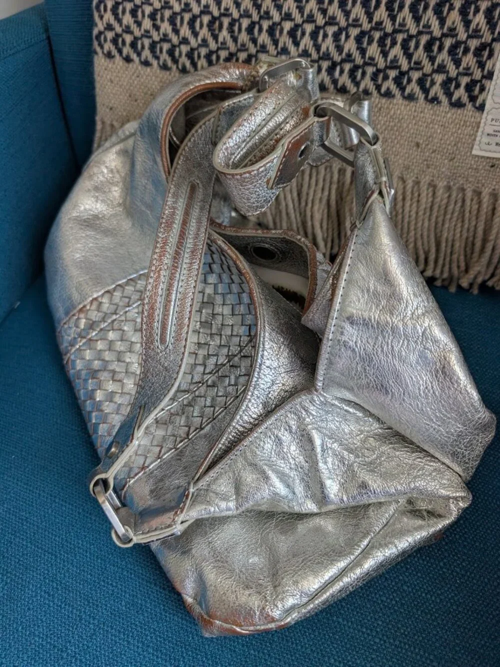ELLIOTT LUCCA CARVELA SOLID SILVER WOVEN LEATHER HANDBAG